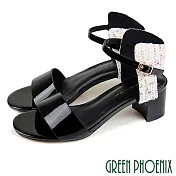 【GREEN PHOENIX】女 涼鞋 韓系 拼接毛呢 一字 漆皮 粗跟 高跟 EU35 黑色