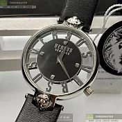 VERSUS VERSACE凡賽斯精品錶,編號：VV00089,36mm圓形銀精鋼錶殼銀色錶盤真皮皮革深黑色錶帶