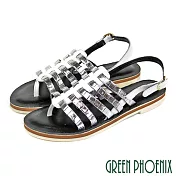 【GREEN PHOENIX】女 涼鞋 國際精品 義大利軟羊皮 平底 夾腳 魚骨 EU37 銀色