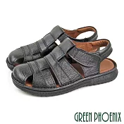 【GREEN PHOENIX】男 涼鞋 護趾 鏤空 全真皮 手工 沾黏式 平底 台灣製 US9 黑色