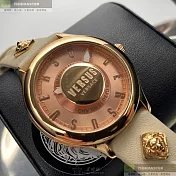 VERSUS VERSACE凡賽斯精品錶,編號：VV00278,40mm圓形玫瑰金精鋼錶殼粉金錶盤真皮皮革米白錶帶