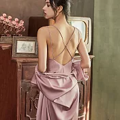【Secret Lover】仿真絲高檔法式露背精美吊帶睡裙罩衫二件套組(2色)SL2131 L 藕粉色