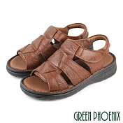 【GREEN PHOENIX】男 涼鞋 幾何圖形 全真皮 手工 沾黏式 寬楦 厚底 台灣製 US7 咖啡色