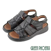 【GREEN PHOENIX】男 涼鞋 幾何圖形 全真皮 手工 沾黏式 寬楦 厚底 台灣製 US7 黑色