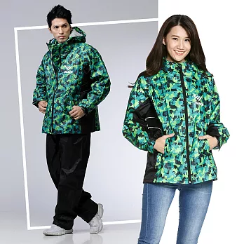 JUMP 將門 樂扣迷彩透氣三重防水套裝二件式風雨衣(迷彩綠) M 迷彩綠