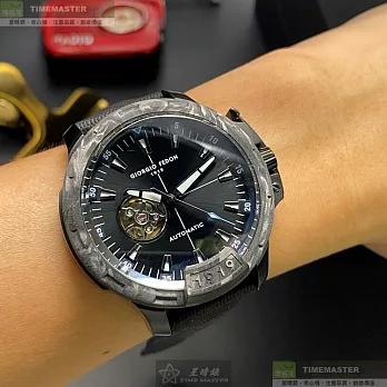 Giorgio Fedon 1919喬治飛登精品錶,編號：GF00015,46mm圓形槍灰色碳纖維錶殼黑色錶盤真皮皮革深黑色錶帶
