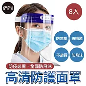 摩達客-藍帶頭戴式透明防疫面罩8入優惠組(成人隔離防護面罩/全臉)
