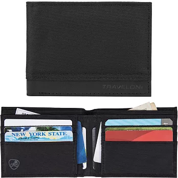 《TRAVELON》皮革拼接兩折短夾(黑) | 中夾錢包 短夾錢包 皮包 零錢包