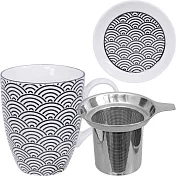 《Tokyo Design》附蓋濾茶馬克杯(浪紋黑325ml) | 濾茶器 水杯 午茶杯 咖啡杯