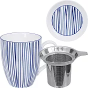 《Tokyo Design》附蓋濾茶馬克杯(線紋藍325ml) | 濾茶器 水杯 午茶杯 咖啡杯