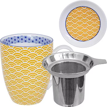 《Tokyo Design》附蓋濾茶馬克杯(圖騰黃325ml) | 濾茶器 水杯 午茶杯 咖啡杯