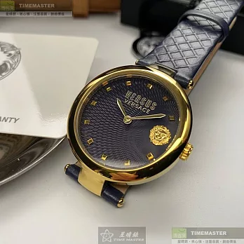 VERSUS VERSACE凡賽斯精品錶,編號：VV00294,36mm圓形寶藍精鋼錶殼黑色錶盤真皮皮革寶藍錶帶