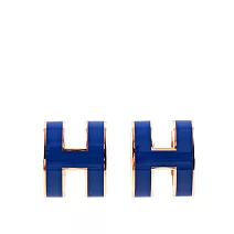 HERMES Pop H立體簍空橢圓LOGO耳環 (皇家藍/玫瑰金)