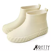 【Pretty】女 雨靴 雨鞋 短筒 霧面 防水 輪胎痕 EU36 米色