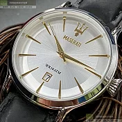 MASERATI瑪莎拉蒂精品錶,編號：R8851118002,42mm圓形銀精鋼錶殼白色錶盤真皮皮革深黑色錶帶