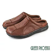 【GREEN PHOENIX】男 穆勒鞋 張菲鞋 後空拖鞋 全真皮 拼接 壓紋 手工 休閒 US11 咖啡色