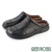 【GREEN PHOENIX】男 穆勒鞋 張菲鞋 後空拖鞋 全真皮 拼接 壓紋 手工 休閒 US9 黑色