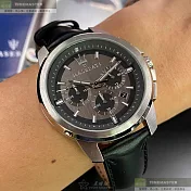 MASERATI瑪莎拉蒂精品錶,編號：R8871621006,44mm圓形銀精鋼錶殼槍灰色錶盤真皮皮革深黑色錶帶