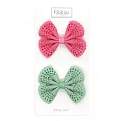 英國Ribbies 典雅洞洞蝴蝶結髮夾(2入)-珊瑚紅/粉綠