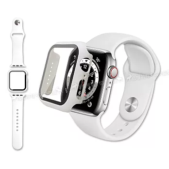 全包覆 Apple Watch Series SE/6/5/4 (40mm) 9H鋼化玻璃貼+錶殼+環保矽膠錶帶(白)