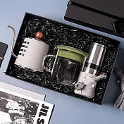 【PO:Selected】丹麥手沖咖啡三件禮盒組(咖啡壺-灰/玻璃杯350ml-黑綠/咖啡磨2.0)
