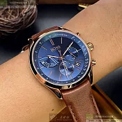 BOSS伯斯精品錶,編號：HB1513604,44mm圓形玫瑰金精鋼錶殼寶藍色錶盤真皮皮革咖啡色錶帶