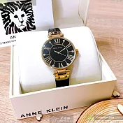 ANNE KLEIN安妮克萊恩精品錶,編號：AN00040,34mm圓形金色精鋼錶殼黑色錶盤真皮皮革深黑色錶帶