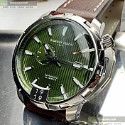Giorgio Fedon 1919喬治飛登精品錶,編號：GF00027,46mm圓形銀精鋼錶殼墨綠色錶盤真皮皮革咖啡色錶帶
