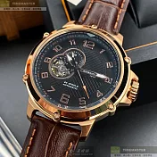 Giorgio Fedon 1919喬治飛登精品錶,編號：GF00029,46mm圓形玫瑰金精鋼錶殼黑色錶盤真皮皮革咖啡色錶帶