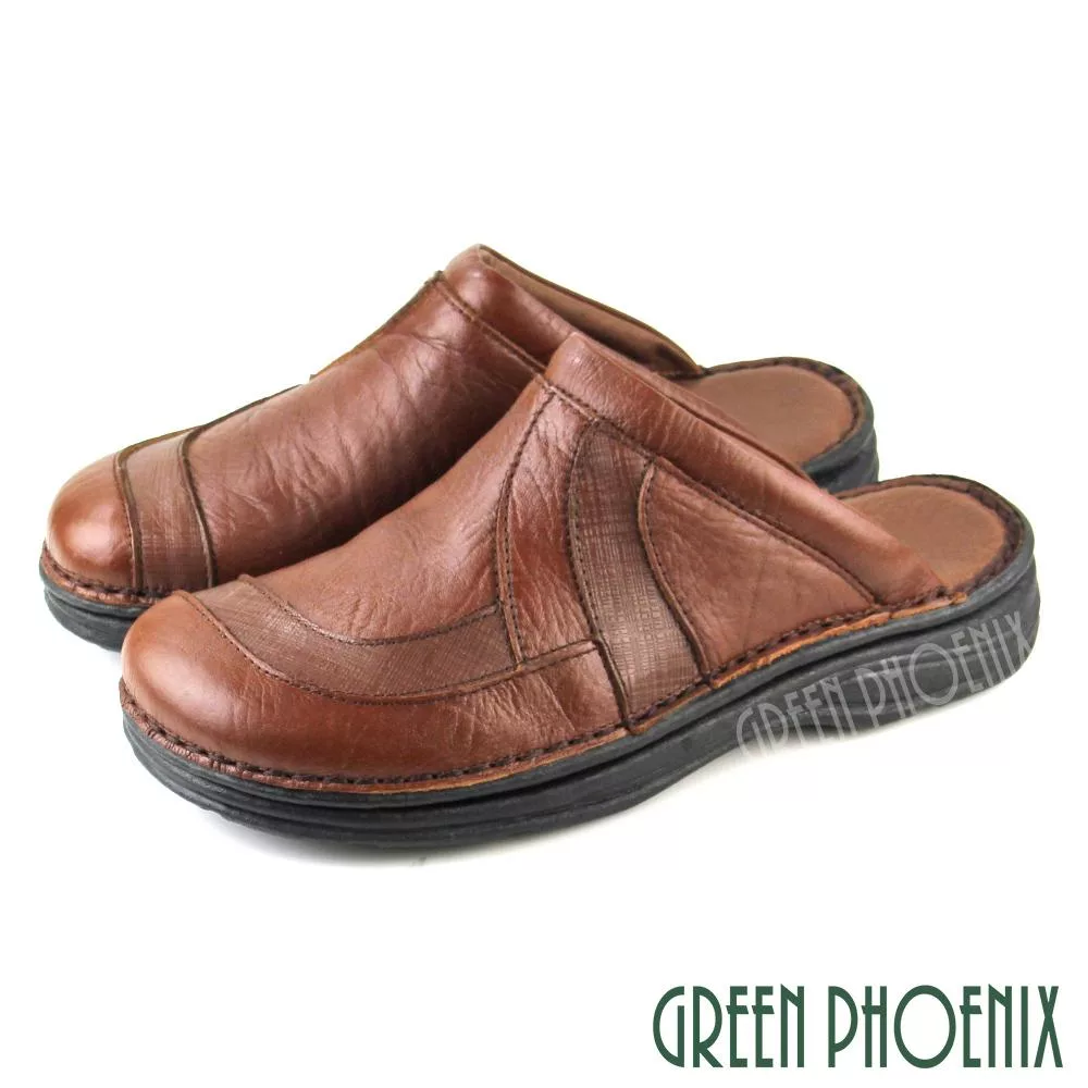 【GREEN PHOENIX】男 穆勒鞋 張菲鞋 後空拖鞋 全真皮 拼接 手工 休閒 US6 咖啡色