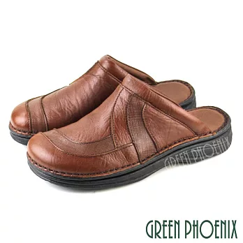 【GREEN PHOENIX】男 穆勒鞋 張菲鞋 後空拖鞋 全真皮 拼接 手工 休閒 US6 咖啡色