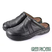 【GREEN PHOENIX】男 穆勒鞋 張菲鞋 後空拖鞋 全真皮 拼接 手工 休閒 US6 黑色