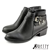 【Pretty】女 踝靴 短靴 皮帶釦 側拉鍊 中跟 台灣製 JP23 黑色