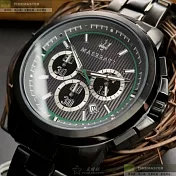 MASERATI瑪莎拉蒂精品錶,編號：R8873637004,44mm圓形黑精鋼錶殼黑綠色錶盤精鋼深黑色錶帶