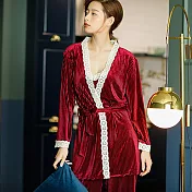 【Wonderland】優雅誘惑壓皺金絲絨3件式衣褲組(3色) L 酒紅色