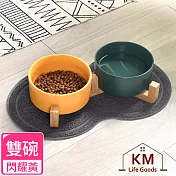 【KM生活】日式簡約實木陶瓷寵物餐碗組合/寵物食用皿_雙碗豪華組 (閃耀黃)