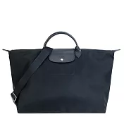 LONGCHAMP LE PLIAGE NÉO系列新款厚尼龍奔馬織紋寬背帶短把兩用旅行袋(特大) 黑