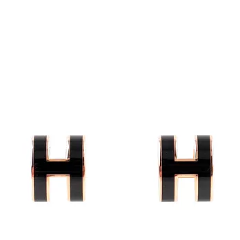HERMES Mini Pop H立體簍空橢圓LOGO耳環 (黑色/玫瑰金)