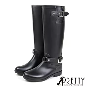 【Pretty】女 雨靴 雨鞋 長筒 繞踝 可拆式皮帶釦 後拉鍊 防水 EU40 黑色
