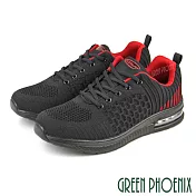 【GREEN PHOENIX】男 休閒鞋 運動鞋 撞色 飛線編織 輕量 綁帶 吸震 氣墊 JP26 黑紅