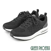 【GREEN PHOENIX】男 休閒鞋 運動鞋 撞色 飛線編織 輕量 綁帶 吸震 氣墊 JP26 黑白
