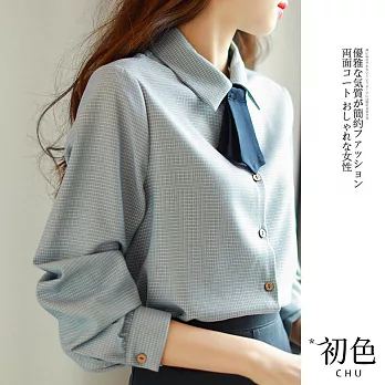 【初色】休閒格子領結裝飾襯衫-藍色-90934(M-2XL可選) M 藍色