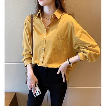 O-ni O-ni新款棉質單排多扣純色寬鬆高質感顯瘦百搭襯衫(21-233) S 黃色