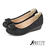 【Pretty】女 娃娃鞋 宴會鞋 金蔥 法式蝴蝶結 楔型 小坡跟 台灣製 EU40 黑色