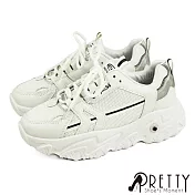【Pretty】女 休閒鞋 老爹鞋 韓系 運動風 網布 透氣 撞色 拼接 皮革 厚底 綁帶 JP25 白色