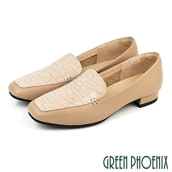 【GREEN PHOENIX】女 低跟鞋 樂福鞋 便鞋 鱷魚壓紋 全真皮 方頭 OL通勤 上班 台灣製 US5.5 米色