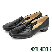 【GREEN PHOENIX】女 低跟鞋 樂福鞋 便鞋 鱷魚壓紋 全真皮 方頭 OL通勤 上班 台灣製 US7 黑色