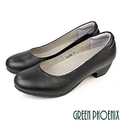 【GREEN PHOENIX】女 低跟鞋 包鞋 素面 全真皮 OL通勤 上班 面試 粗跟 EU38 黑色