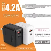 【EZGO】30W PD+QC全兼容極速充電器(黑色)+金屬編織PD快充線/充電傳輸線(2M) 太空銀
