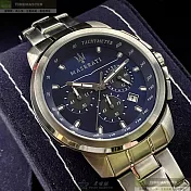 MASERATI瑪莎拉蒂精品錶,編號：R8873621002,42mm圓形銀精鋼錶殼寶藍色錶盤精鋼銀色錶帶